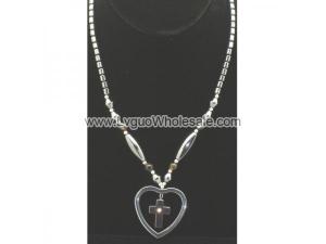 Clear Crystal Glass Beads Hematite Cross with Rhinestone in Heart Pendant Chain Choker Necklace